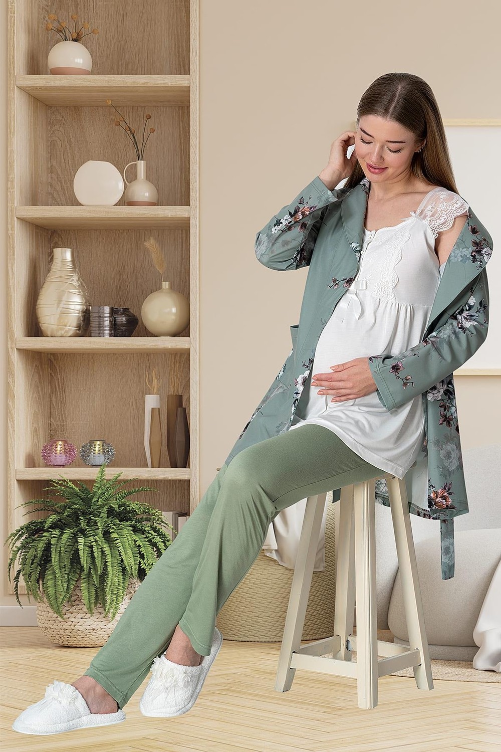 Mecit Pijama Mecit 5804 Elisa Yeşil Sabahlıklı Lohusa Pijama Takımı