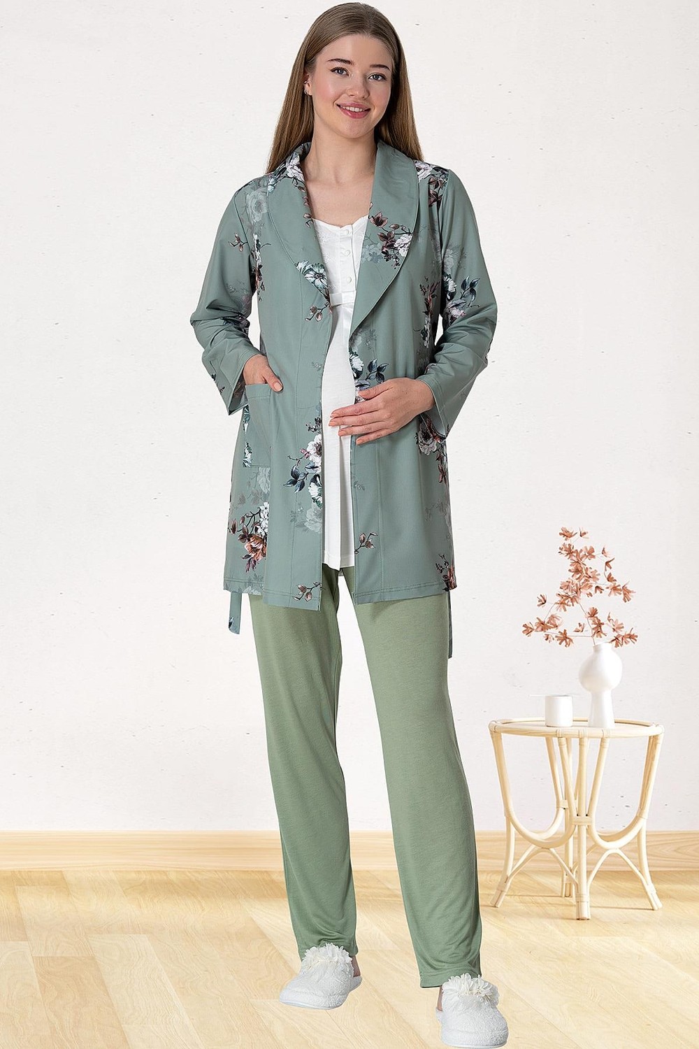Mecit Pijama Mecit 5804 Elisa Yeşil Sabahlıklı Lohusa Pijama Takımı görsel 2