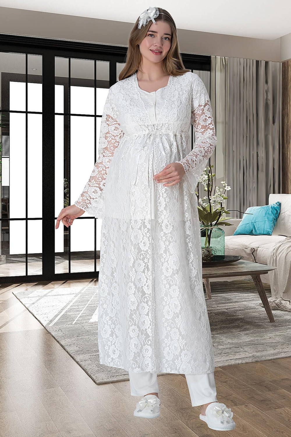 Mecit Pijama Mecit 6000 Ekru Dantel Sabahlıklı Lohusa Pijama Takımı