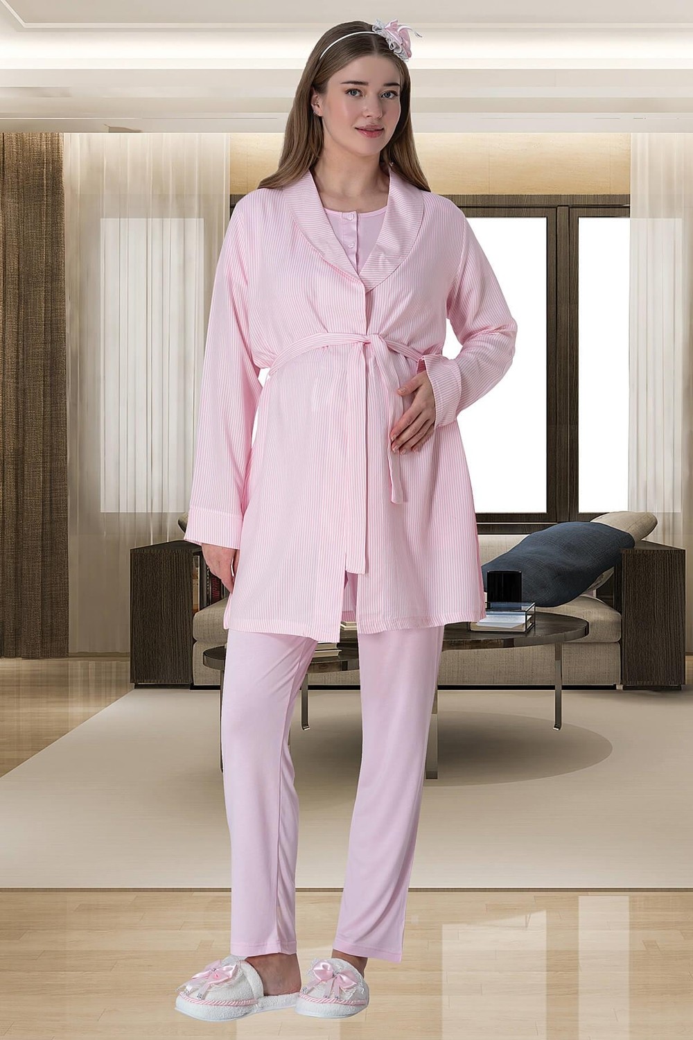 Mecit Pijama Mecit 6001 Pembe Çizgili Sabahlıklı Lohusa Pijama Takımı
