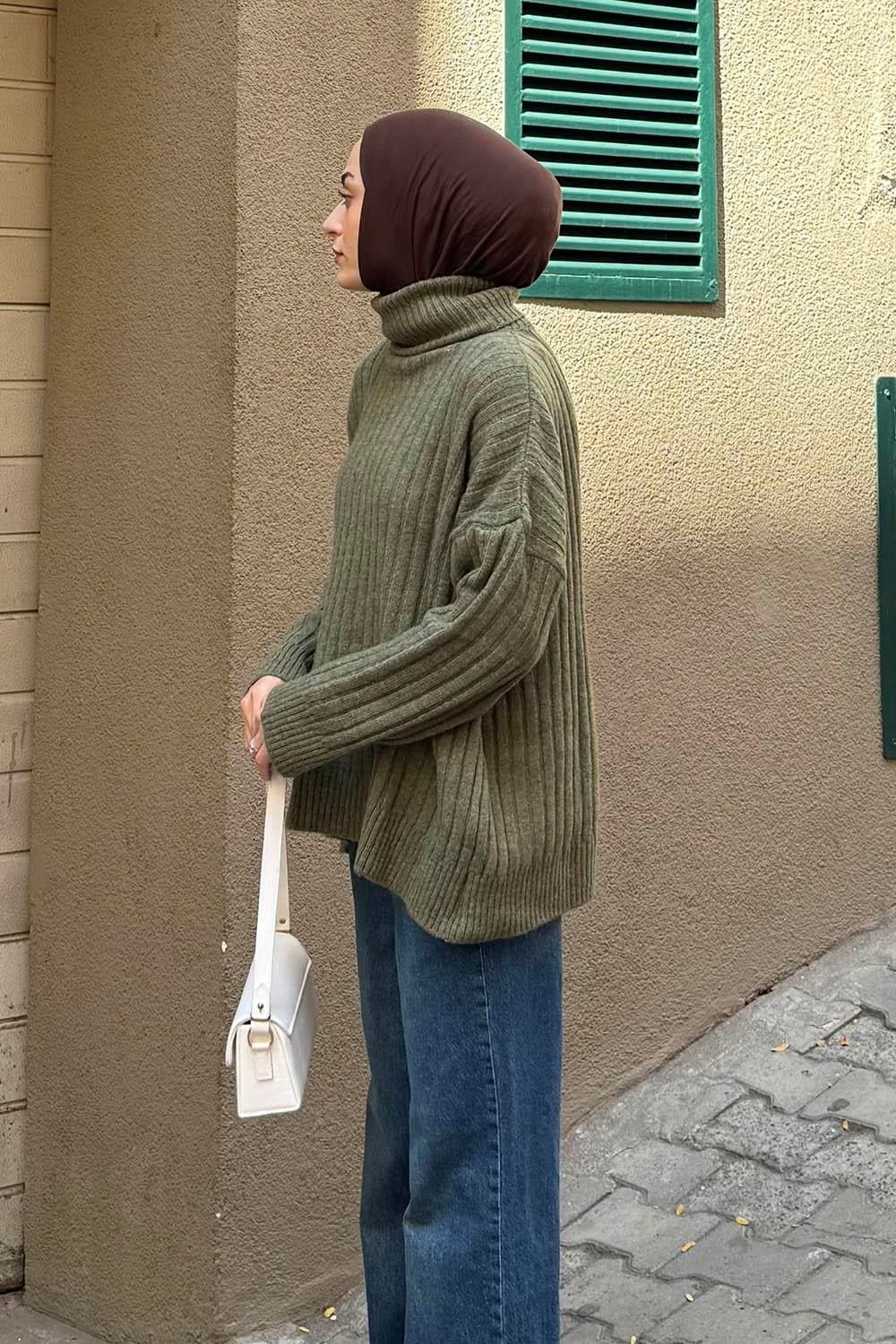 Lamelif Balıkçı Yaka Kazak Haki görsel 2