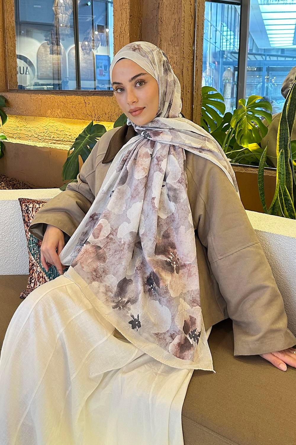 Lamelif Batik Çiçek Desen Bambu Şal Asker Yeşili görsel 2