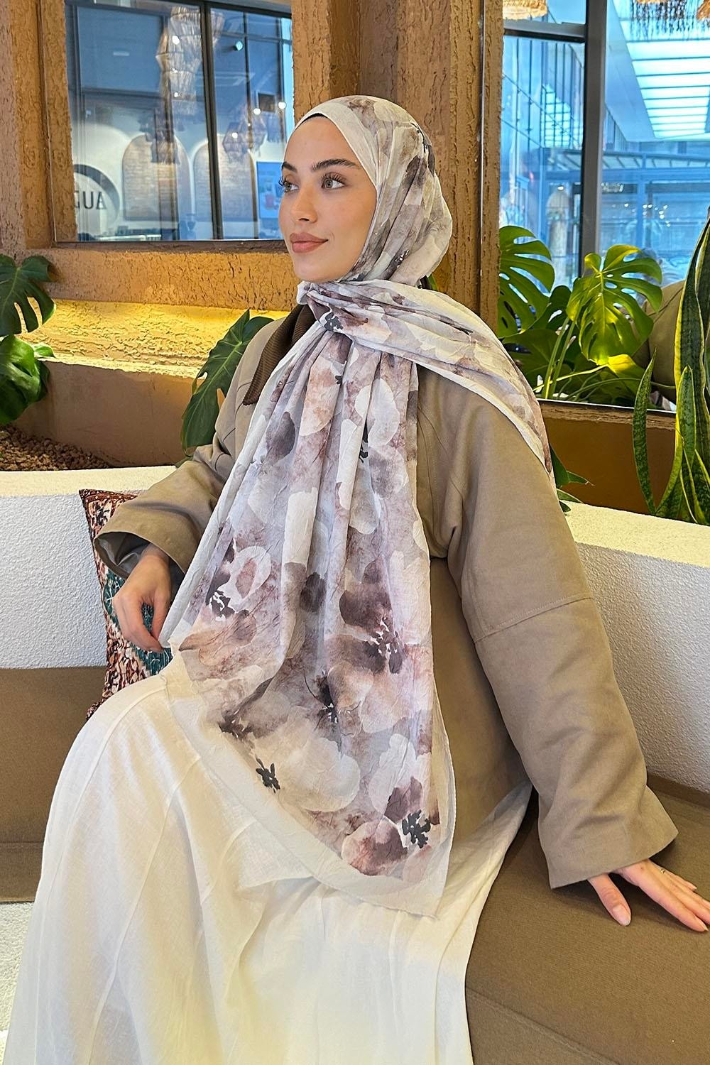 Lamelif Batik Çiçek Desen Bambu Şal Asker Yeşili görsel 3