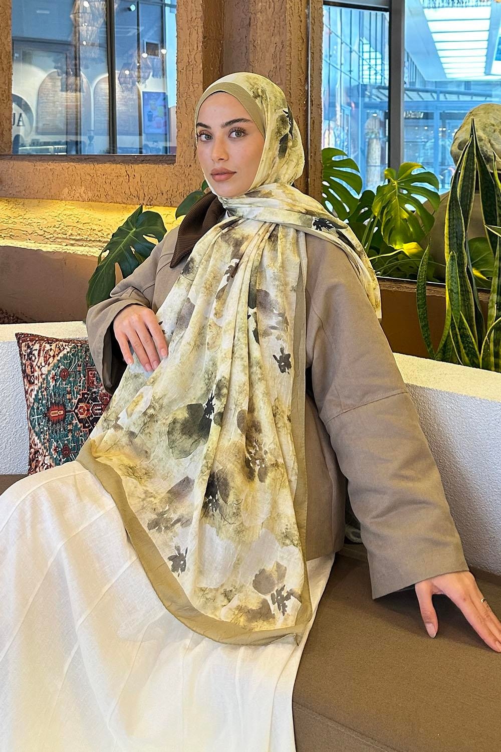 Lamelif Batik Çiçek Desen Bambu Şal Asker Yeşili görsel 8