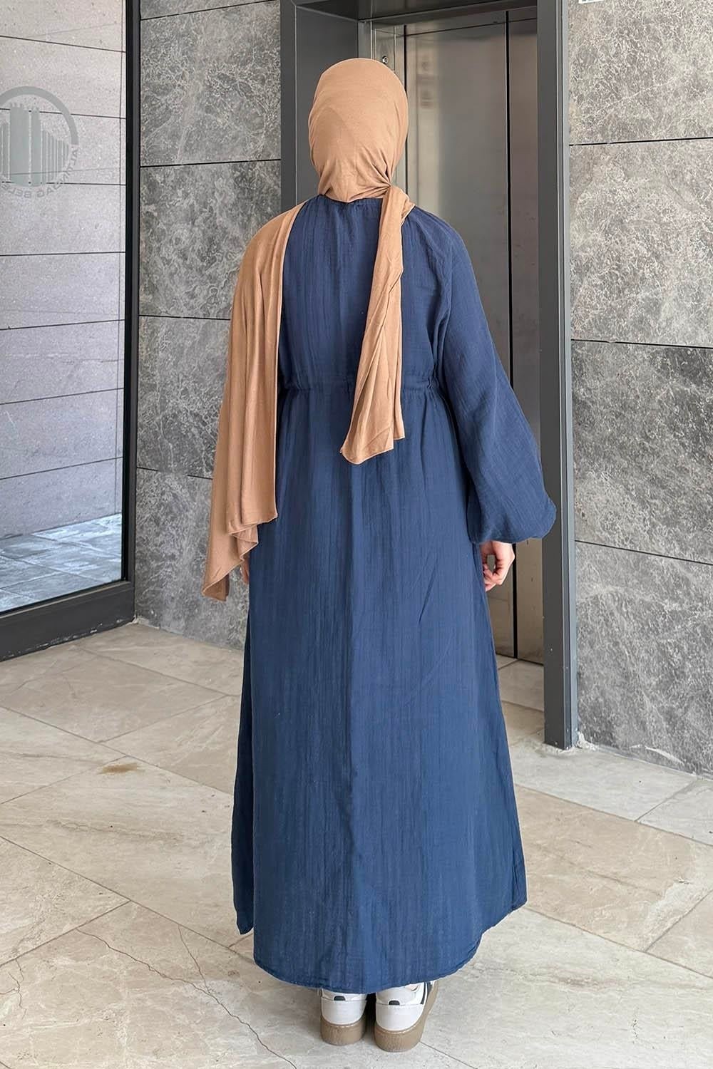 Lamelif Balon Kol Bağlamalı Tesettür Elbise Düz Desenli Pamuk-Polyester Malzeme ile Günlük Kullanım İçin Lacivert görsel 8