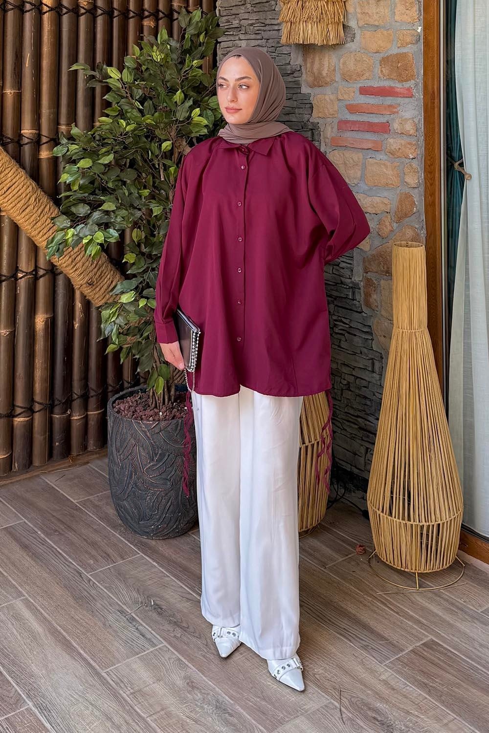 Lamelif Oversize Gömlek Bebe Mavisi Pamuk Polyester Düz Desen Uzun Kol Özellikli Kadın görsel 5