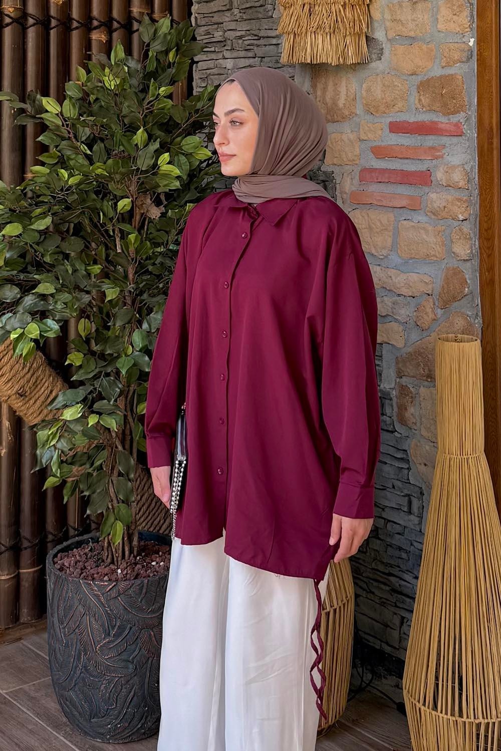 Lamelif Oversize Gömlek Bebe Mavisi Pamuk Polyester Düz Desen Uzun Kol Özellikli Kadın görsel 6