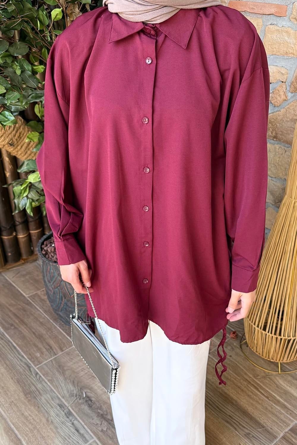 Lamelif Oversize Gömlek Bebe Mavisi Pamuk Polyester Düz Desen Uzun Kol Özellikli Kadın görsel 7