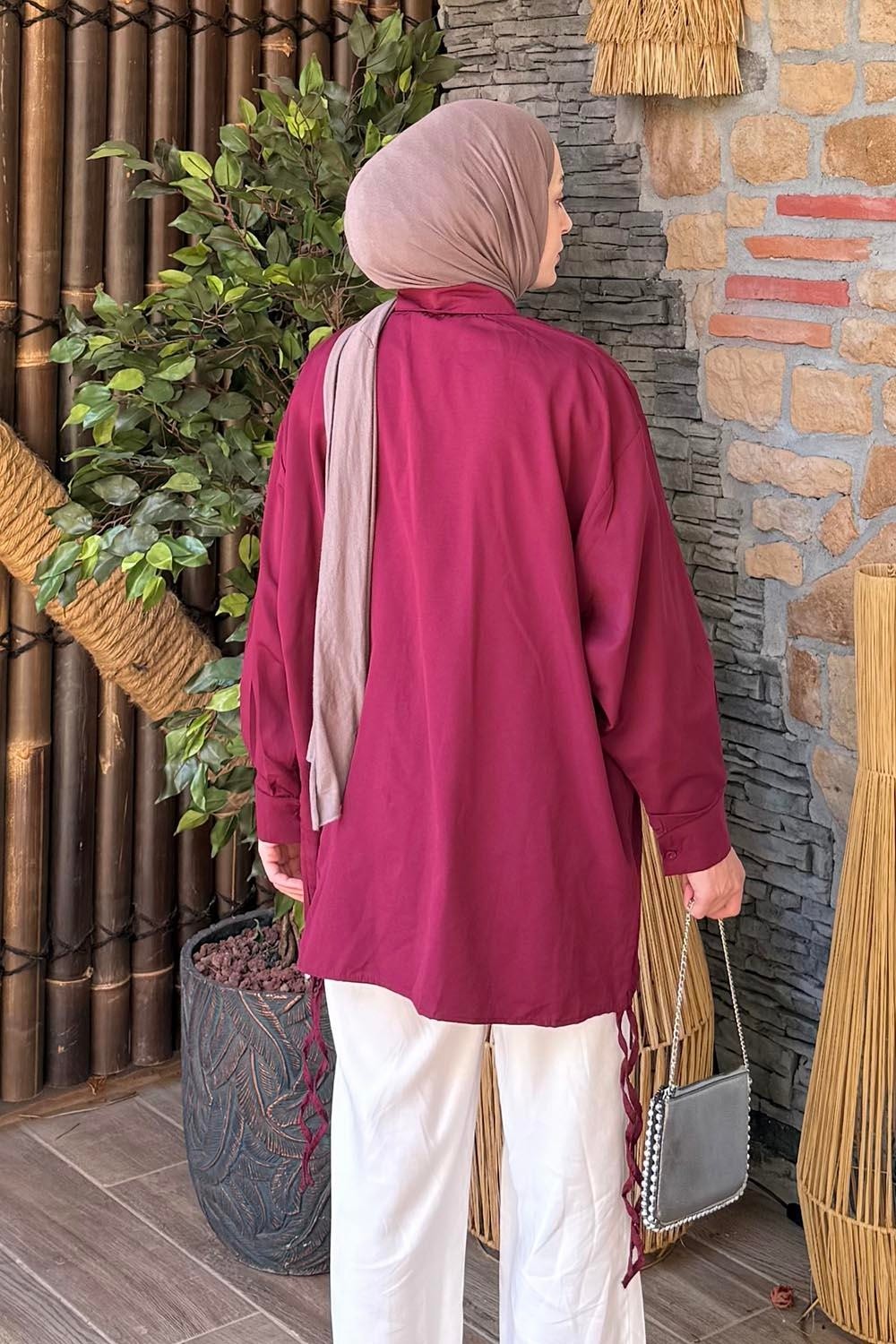 Lamelif Oversize Gömlek Bebe Mavisi Pamuk Polyester Düz Desen Uzun Kol Özellikli Kadın görsel 8