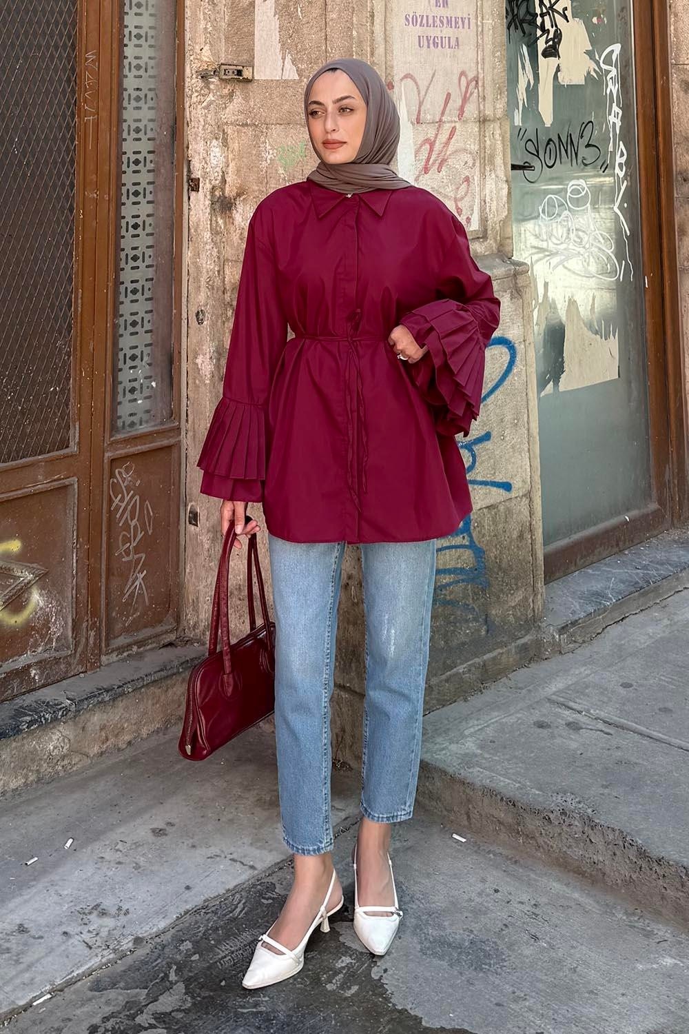 Lamelif Kadın Oversize Piliseli Uzun Gömlek Lacivert Düz Desenli Pamuk - Polyester Malzeme ile Şık Tasarım