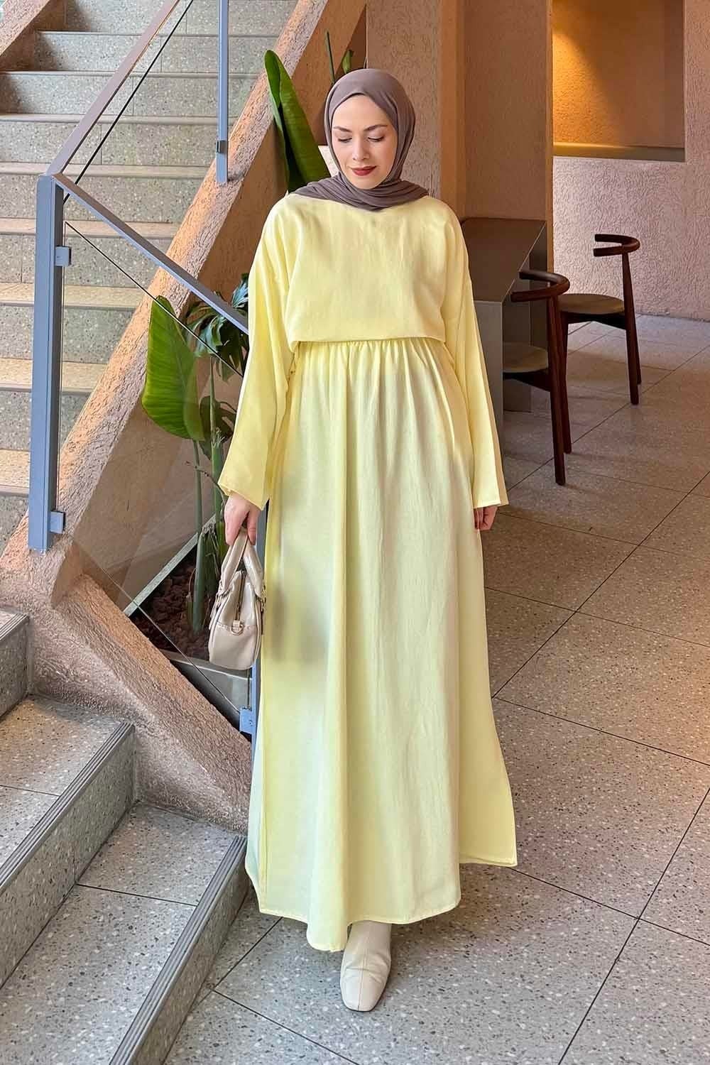 Lamelif Lacivert Oversize Etekli Tesettür Takım Kadın Pamuk - Polyester Düz Desen ile Şık