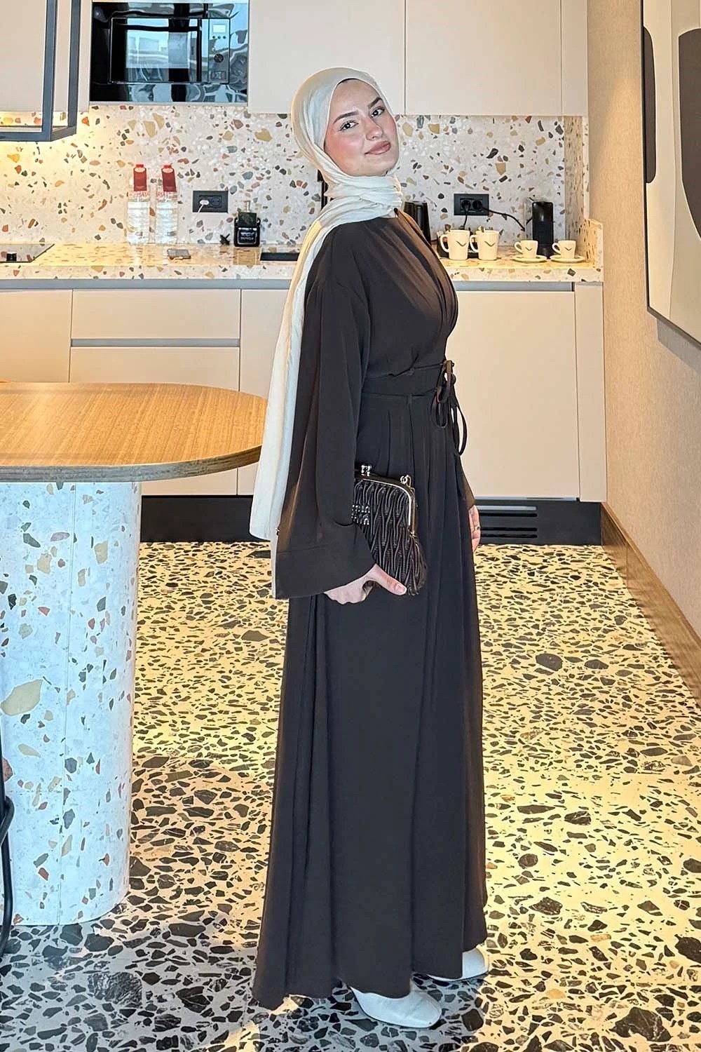 Lamelif Nora Bağcıklı Tesettür Elbise Acı Kahverengi görsel 2