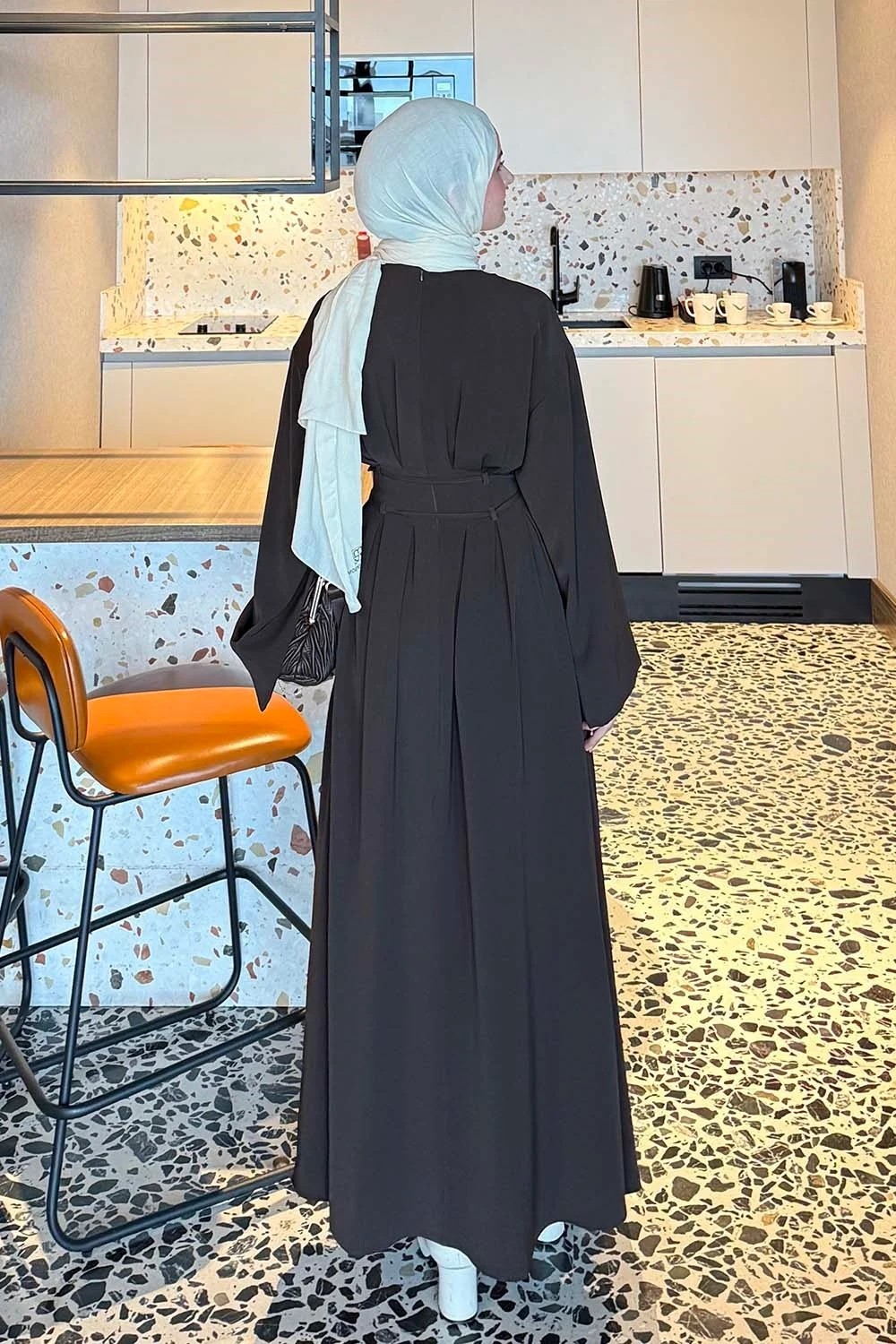 Lamelif Nora Bağcıklı Tesettür Elbise Acı Kahverengi görsel 4