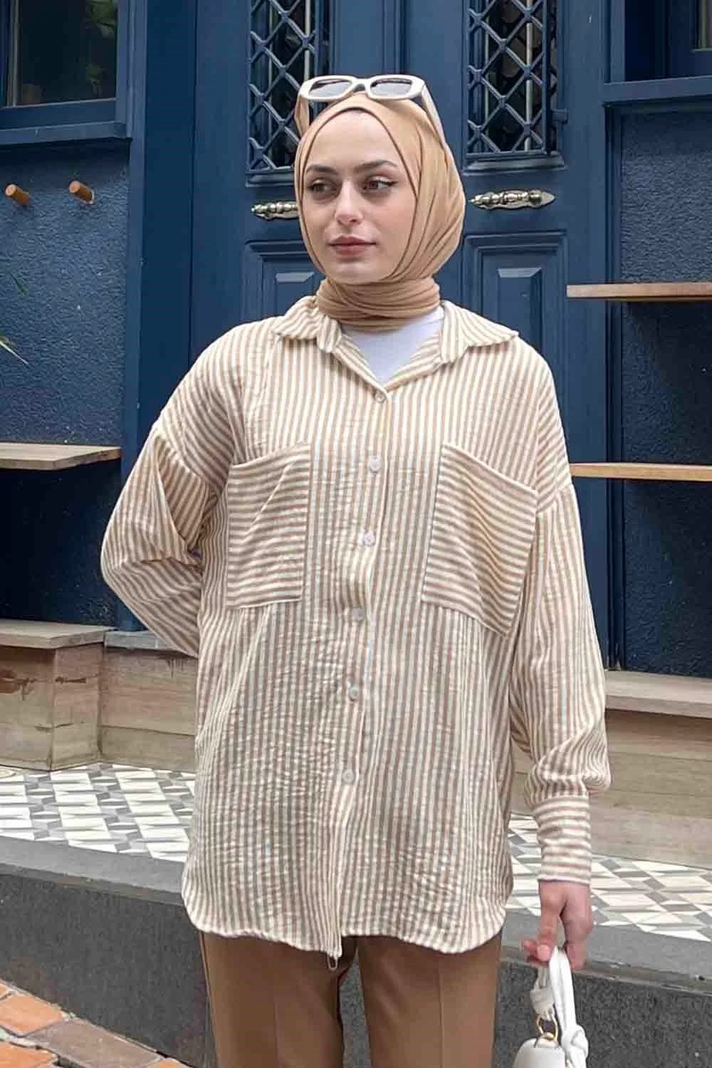 Lamelif Çift Cep Detaylı Çizgili Keten Gömlek Bej görsel 2