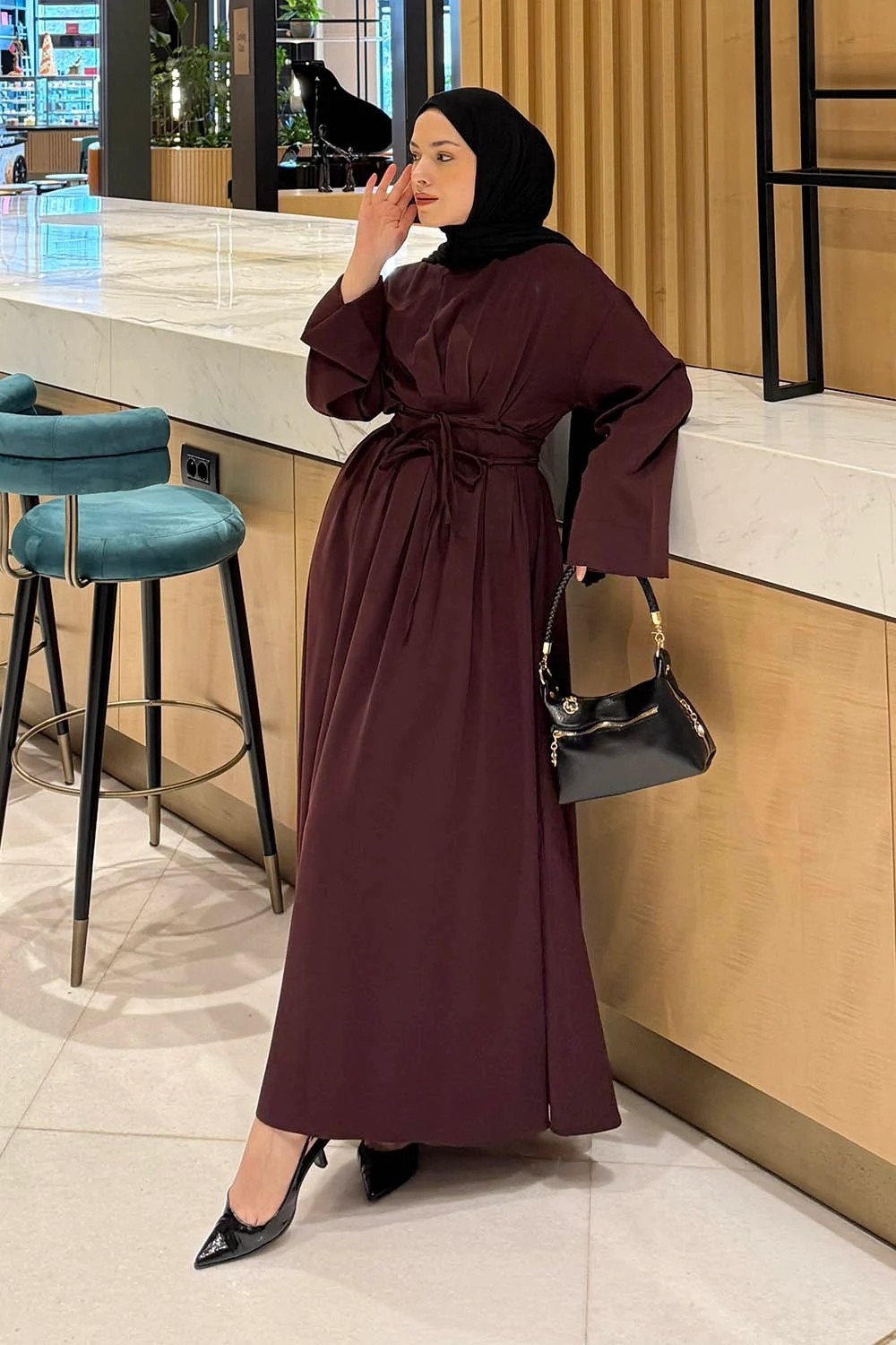 Lamelif Nora Bağcıklı Tesettür Elbise Acı Kahverengi görsel 8