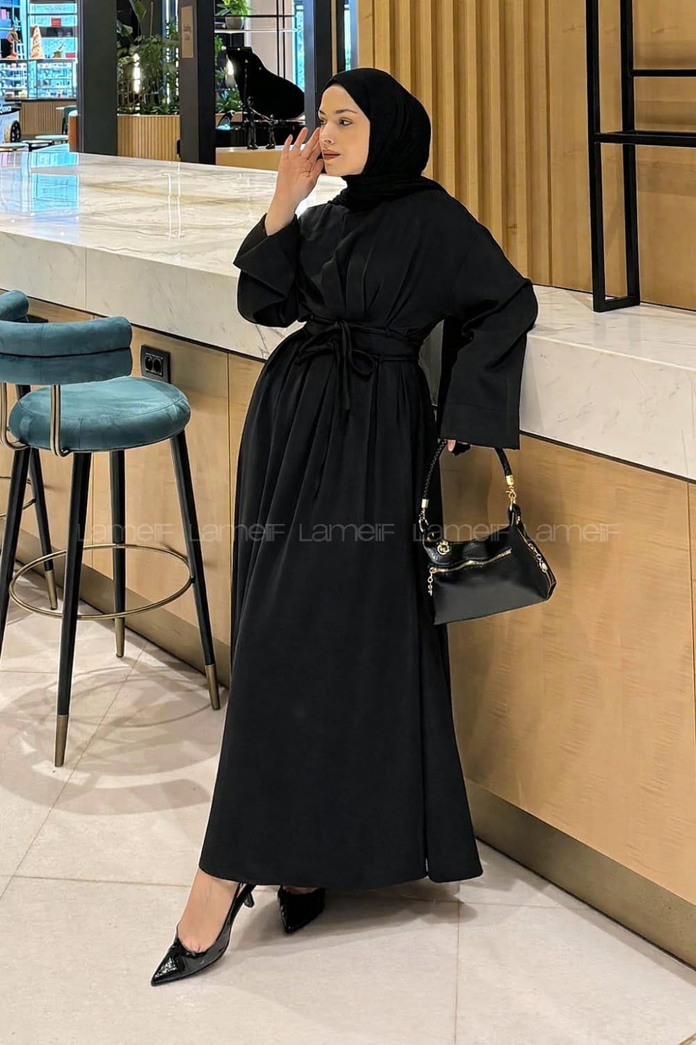 Lamelif Nora Bağcıklı Tesettür Elbise Acı Kahverengi