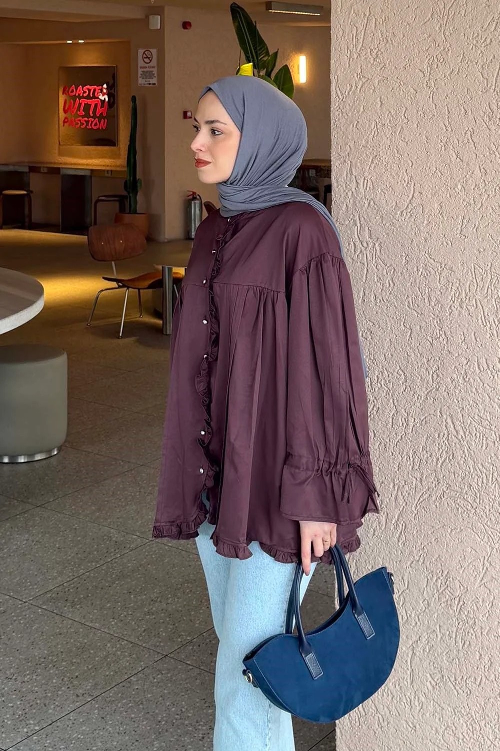 Lamelif Fırfır Detaylı Gömlek Mürdüm görsel 2