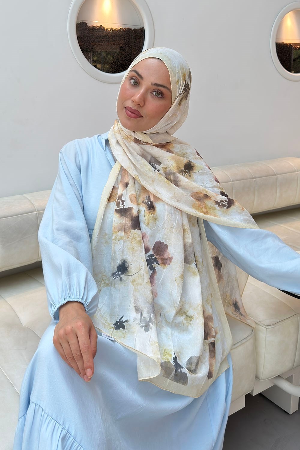 Lamelif Batik Çiçek Desen Bambu Şal Asker Yeşili