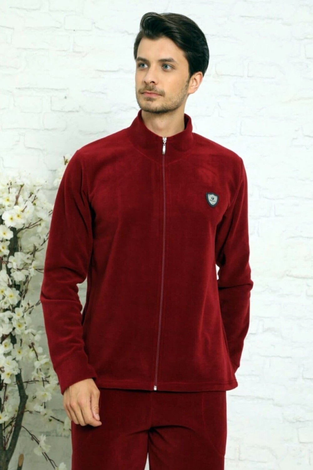 Pijama Evi Bordo Önden Fermuarlı Uzun Kollu Polar Erkek Pijama Takımı