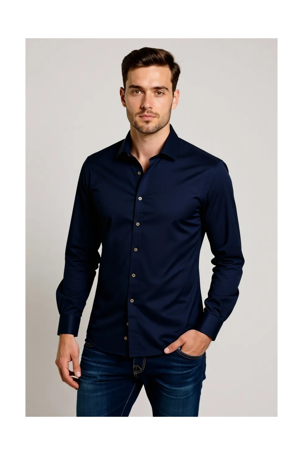 Etikmen indigo Kahve Düğmeli Slimfit Erkek Gömlek görsel 8