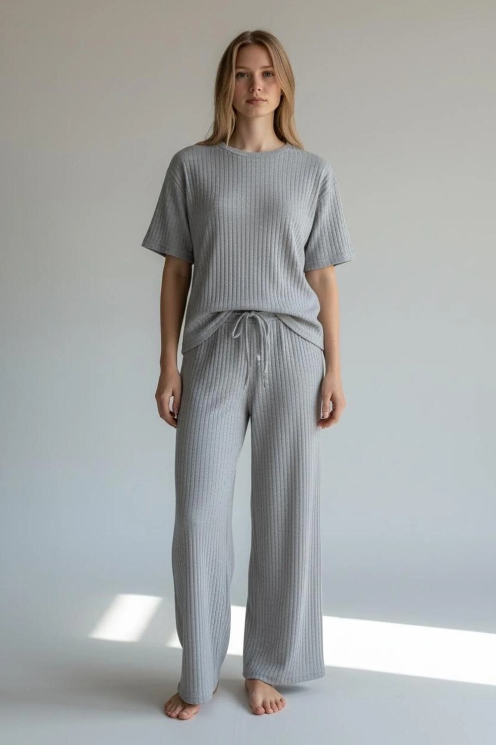 Belirtilmemiş Kadın Kaşkorse Pijama Takımı Kısa Kollu Rahat Esnek Ev Giyimi