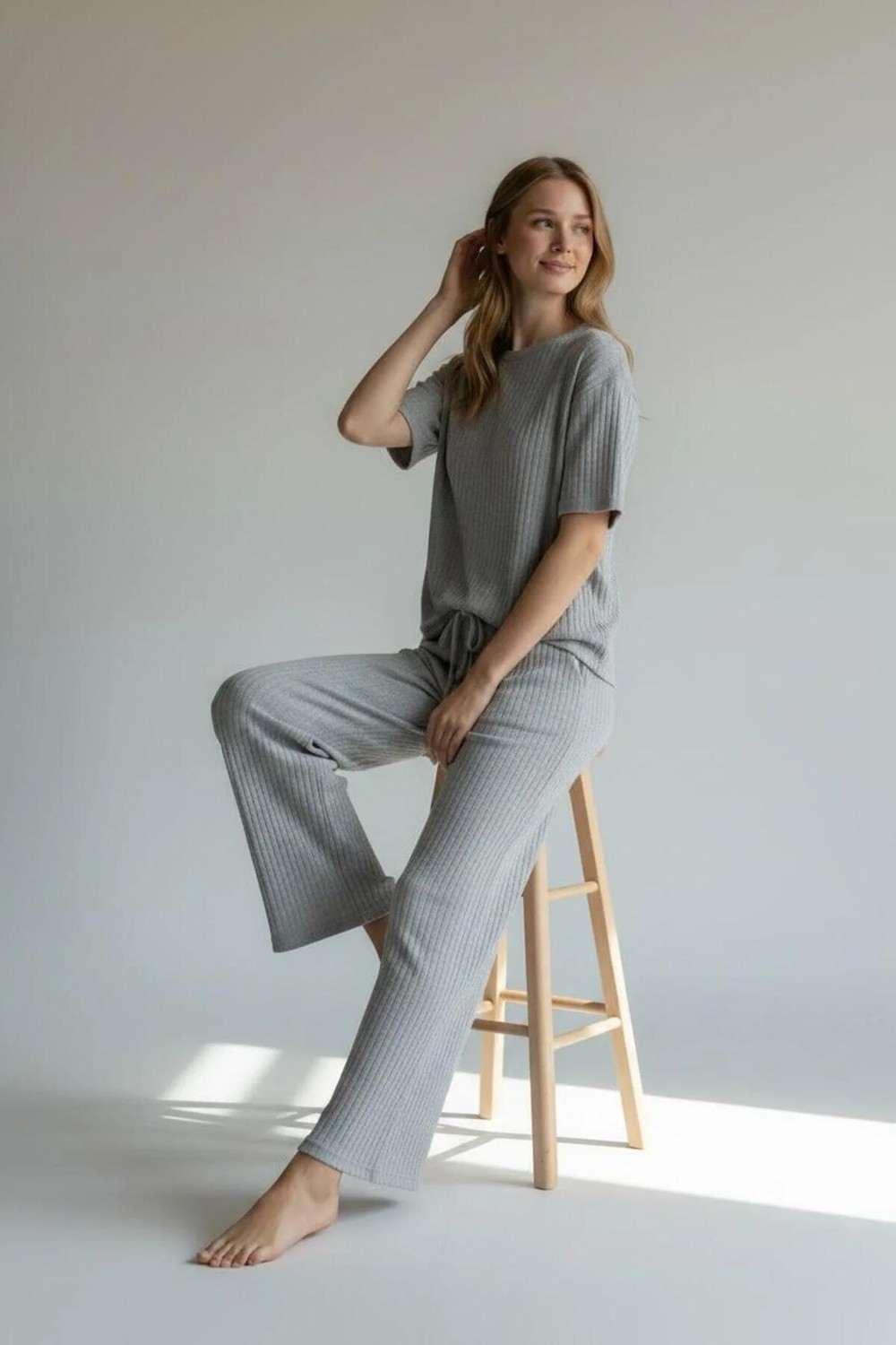 Belirtilmemiş Kadın Kaşkorse Pijama Takımı Kısa Kollu Rahat Esnek Ev Giyimi görsel 2