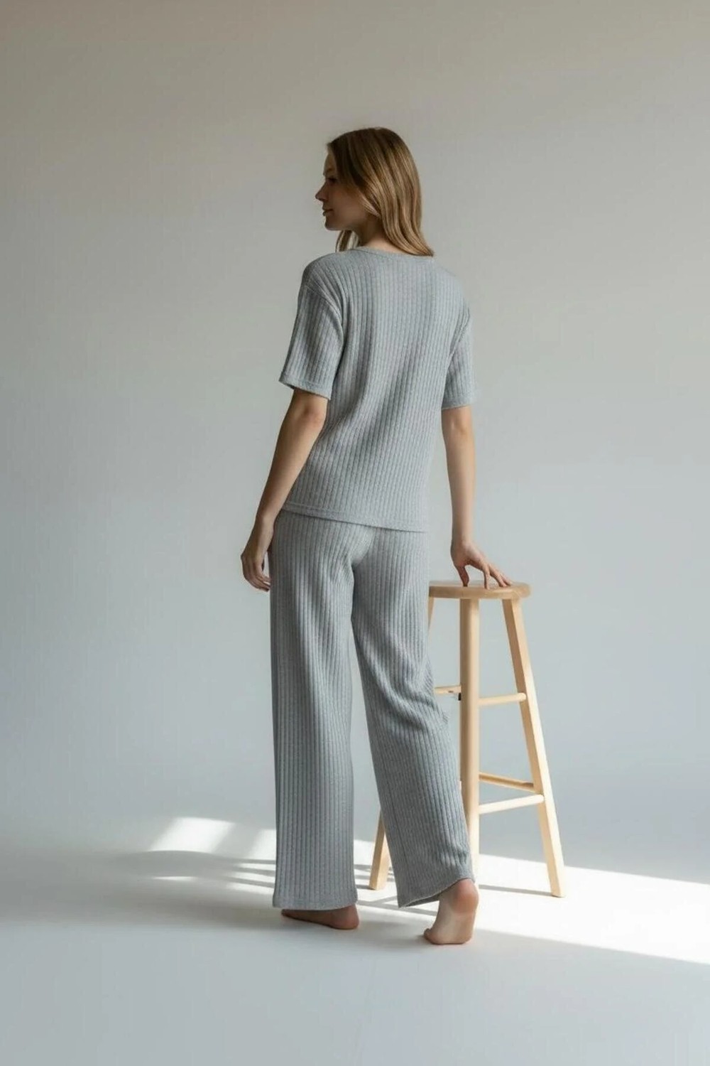 Belirtilmemiş Kadın Kaşkorse Pijama Takımı Kısa Kollu Rahat Esnek Ev Giyimi görsel 3