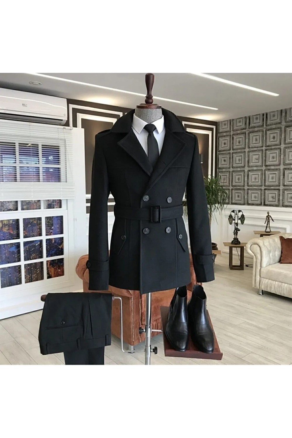 Mero Life Erkek Kemerli Kaşe Kaban Trenç Model görsel 8