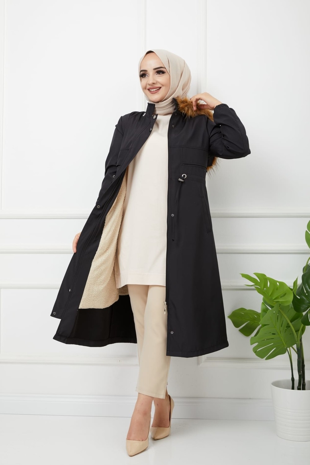 Vibeys Collection Lacivert Içi Kürkü ve Su Geçirmez Bayan Kışlık Mont&kaban görsel 4