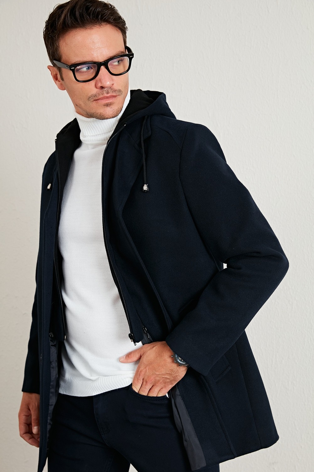 Buratti Çıkarılabilir Kapüşonlu Kırçıllı Slim Fit Kaşe Kaban Erkek KABAN 5841013