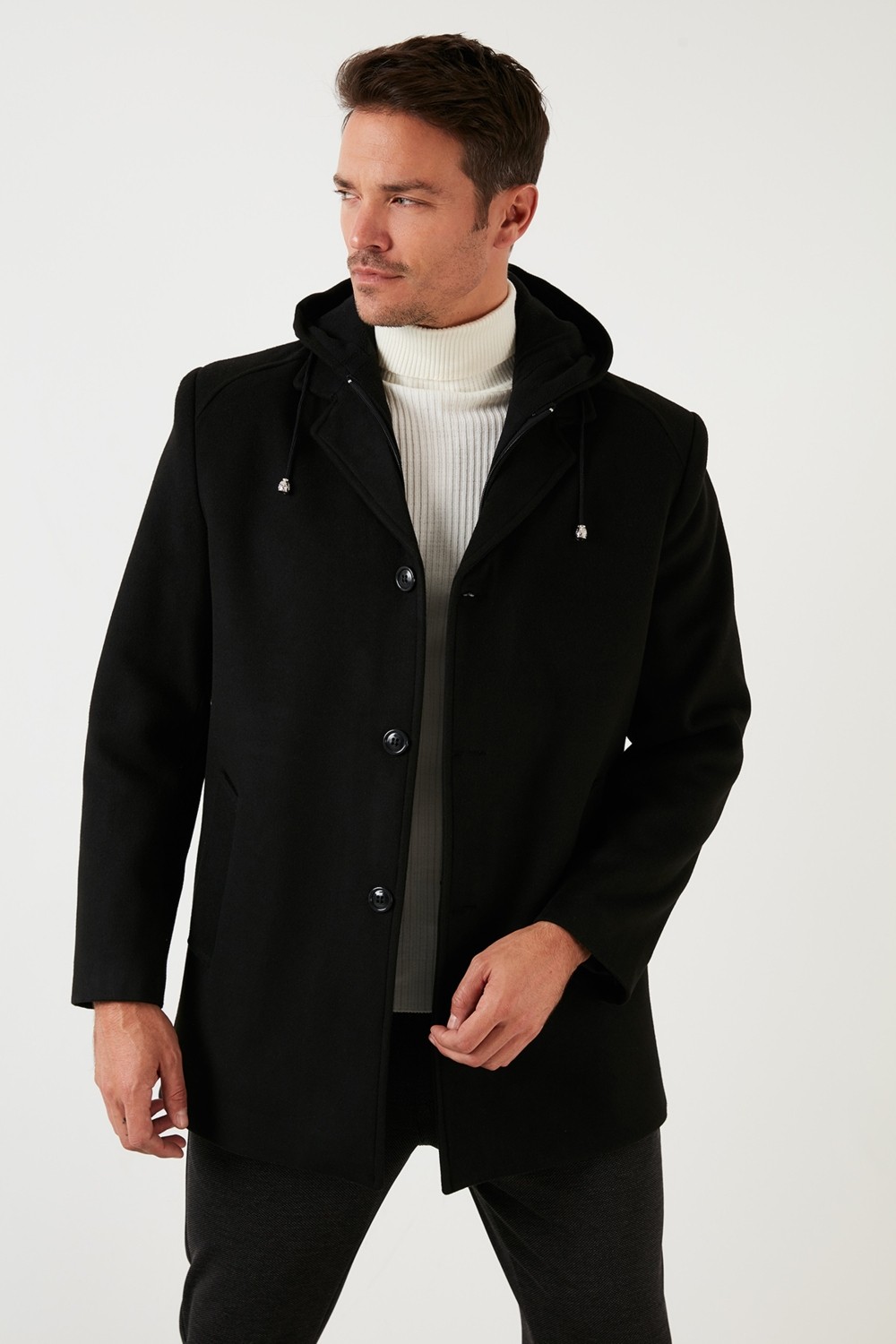 Buratti Çıkarılabilir Kapüşonlu Kırçıllı Slim Fit Kaşe Kaban Erkek KABAN 5841013 görsel 2