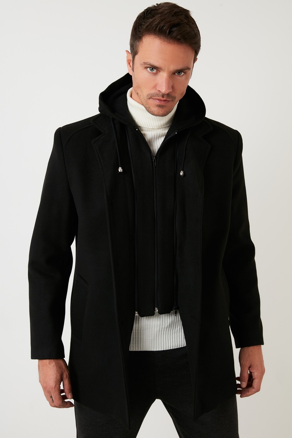 Buratti Çıkarılabilir Kapüşonlu Kırçıllı Slim Fit Kaşe Kaban Erkek KABAN 5841013 görsel 3