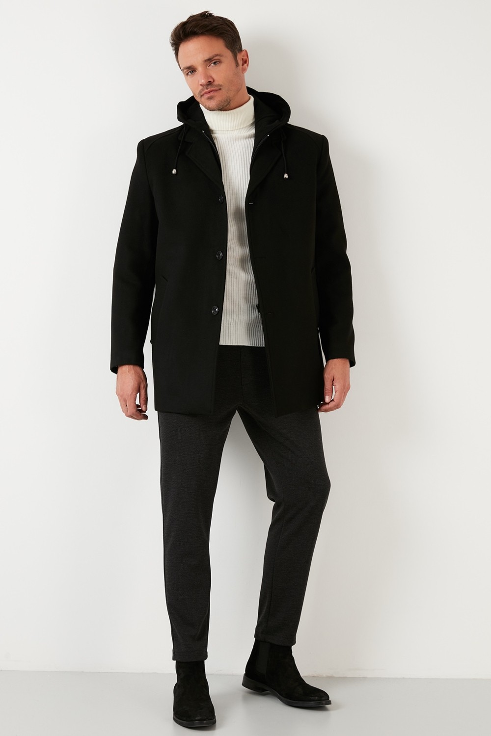 Buratti Çıkarılabilir Kapüşonlu Kırçıllı Slim Fit Kaşe Kaban Erkek KABAN 5841013 görsel 4