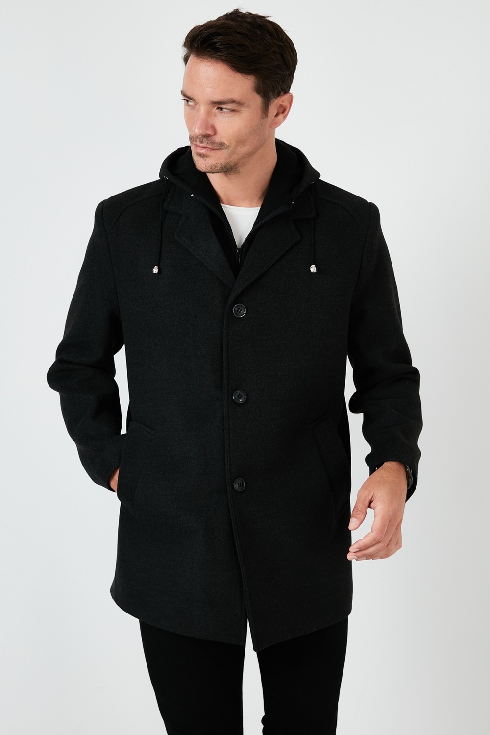Buratti Çıkarılabilir Kapüşonlu Kırçıllı Slim Fit Kaşe Kaban Erkek KABAN 5841013 görsel 7
