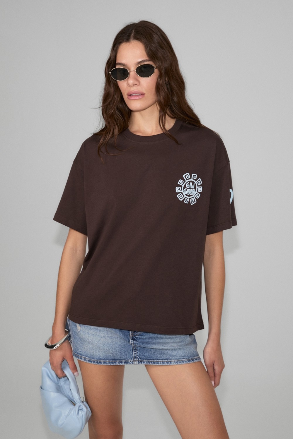 Grimelange Sahara Kadın Yumuşak ve %100 Organik Pamuklu Baskı Detaylı Kahverengi T-Shirt