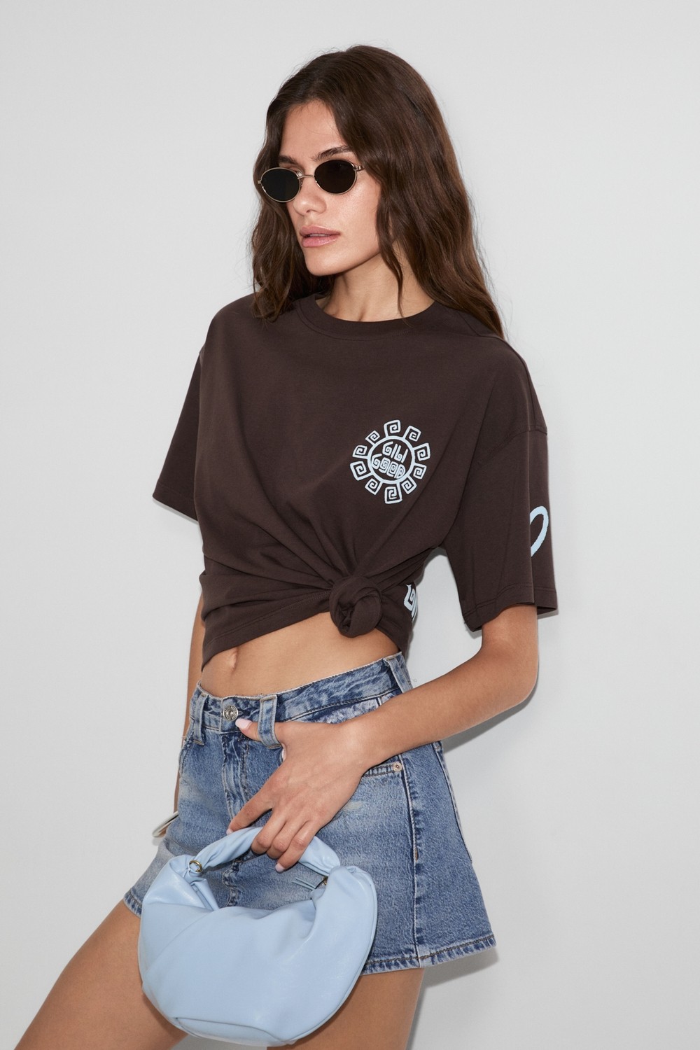Grimelange Sahara Kadın Yumuşak ve %100 Organik Pamuklu Baskı Detaylı Kahverengi T-Shirt görsel 5