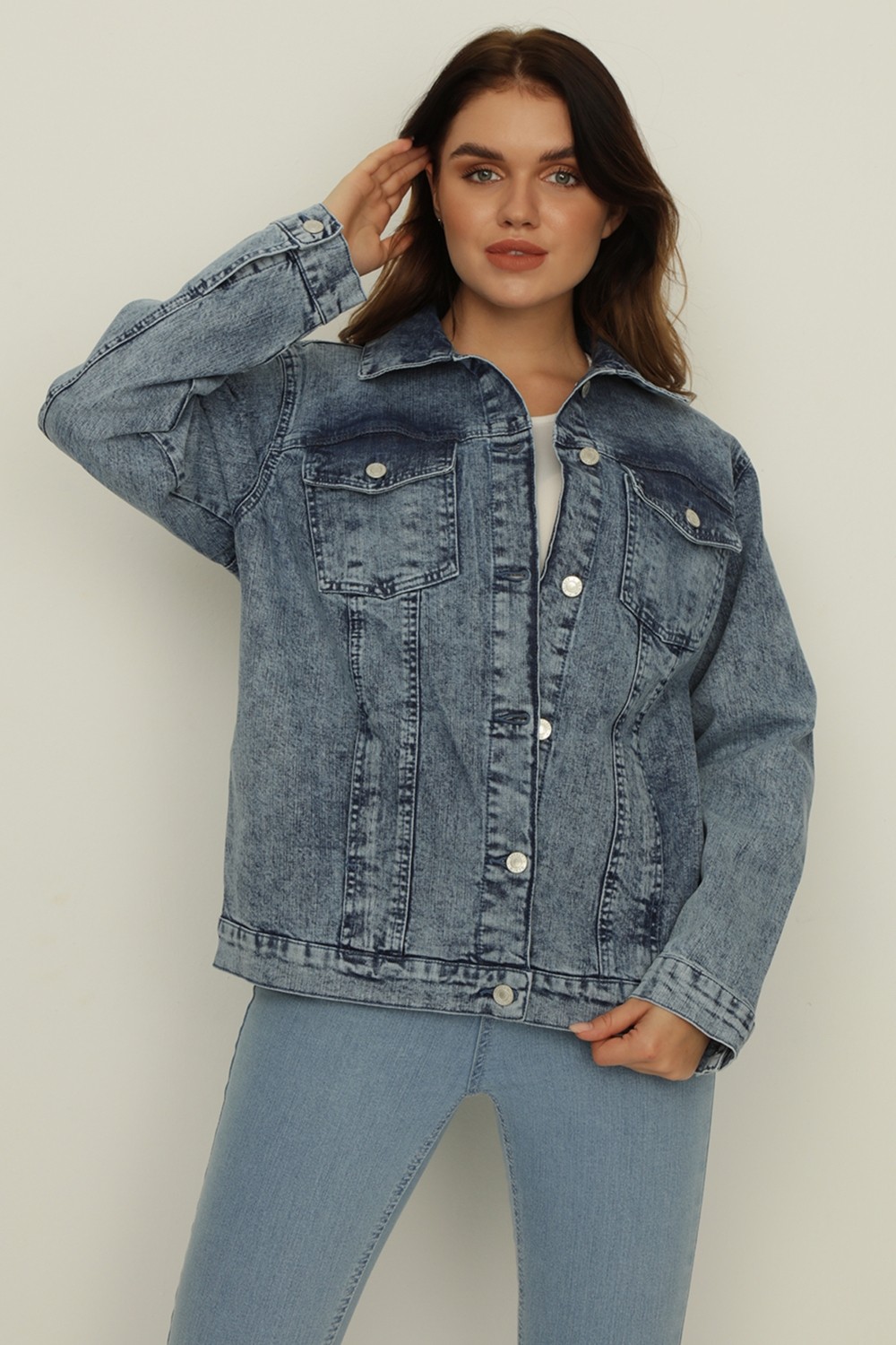 Select Moda Kadın Mavi Oversize Denim Ceket %100 Pamuklu Rahat ve Şık Tasarım görsel 3