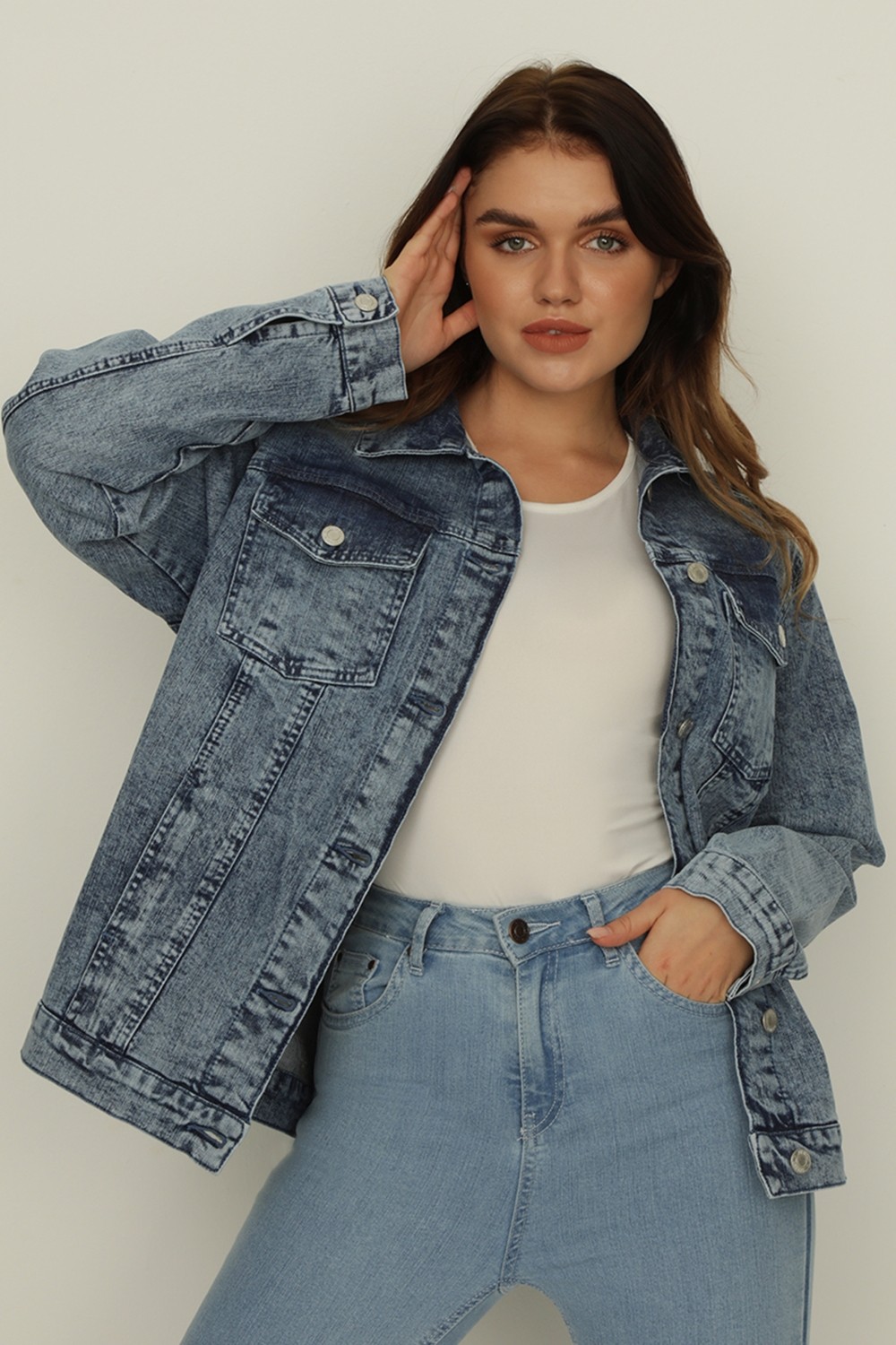 Select Moda Kadın Mavi Oversize Denim Ceket %100 Pamuklu Rahat ve Şık Tasarım görsel 5