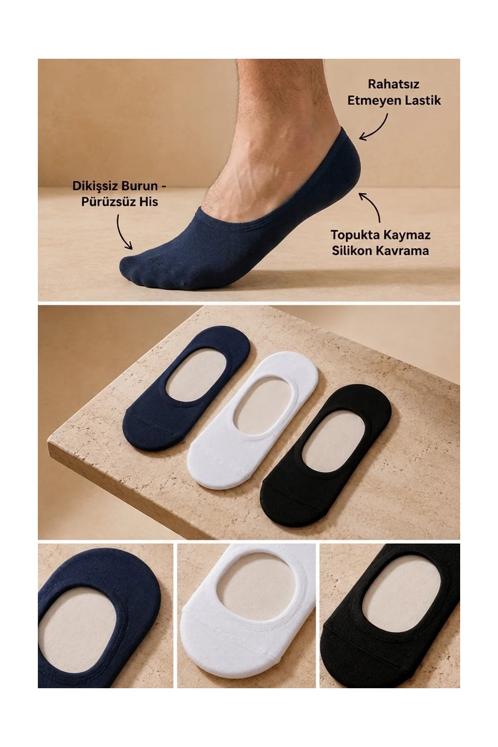 Katia & Bony 3'lü Paket Basic Erkek Görünmez Çorap Siyah/Siyah/Siyah görsel 4