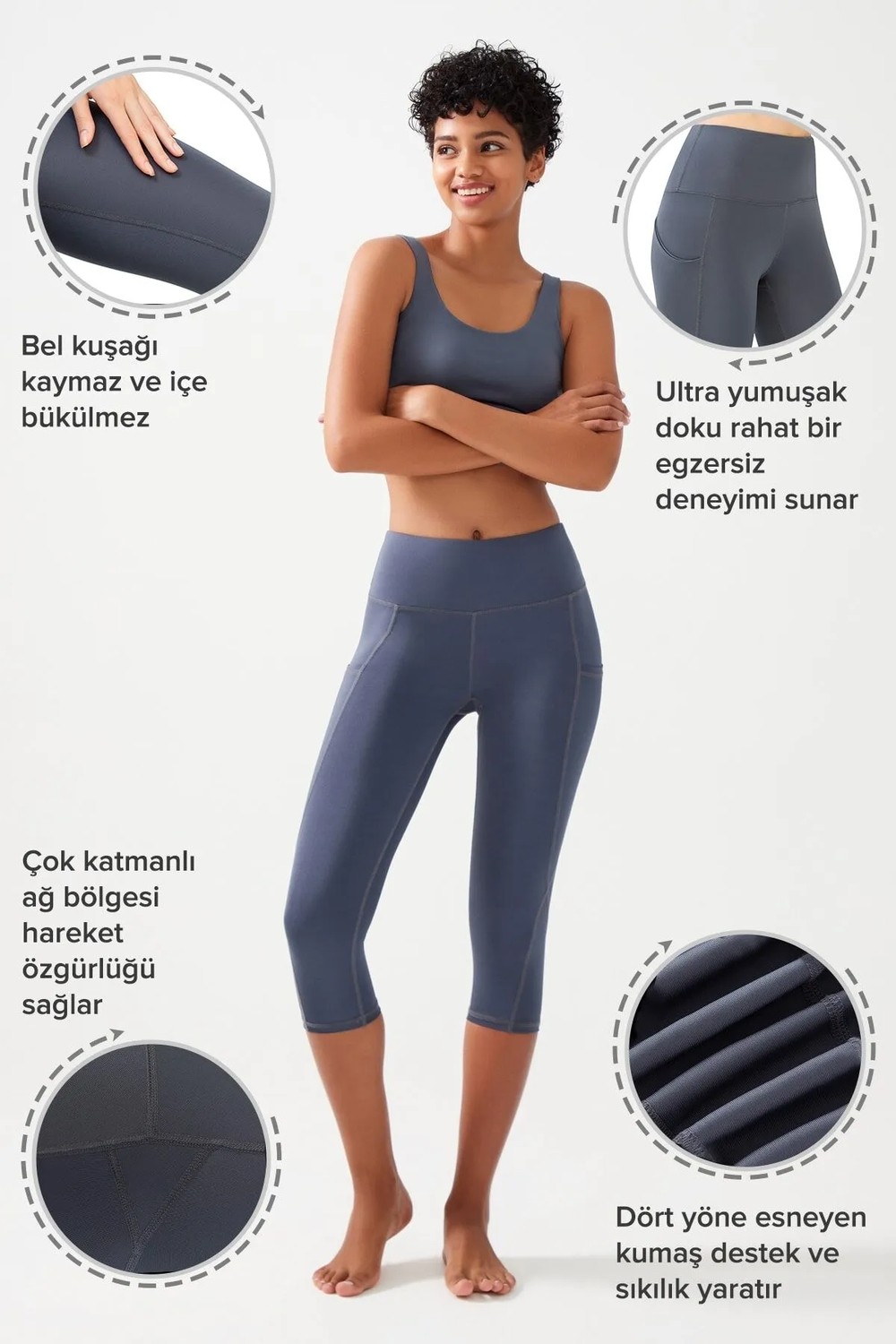 Los Ojos Kadın Siyah Yüksek Bel Toparlayıcı Çift Cepli Diz Altı Kapri Tayt Capri görsel 8