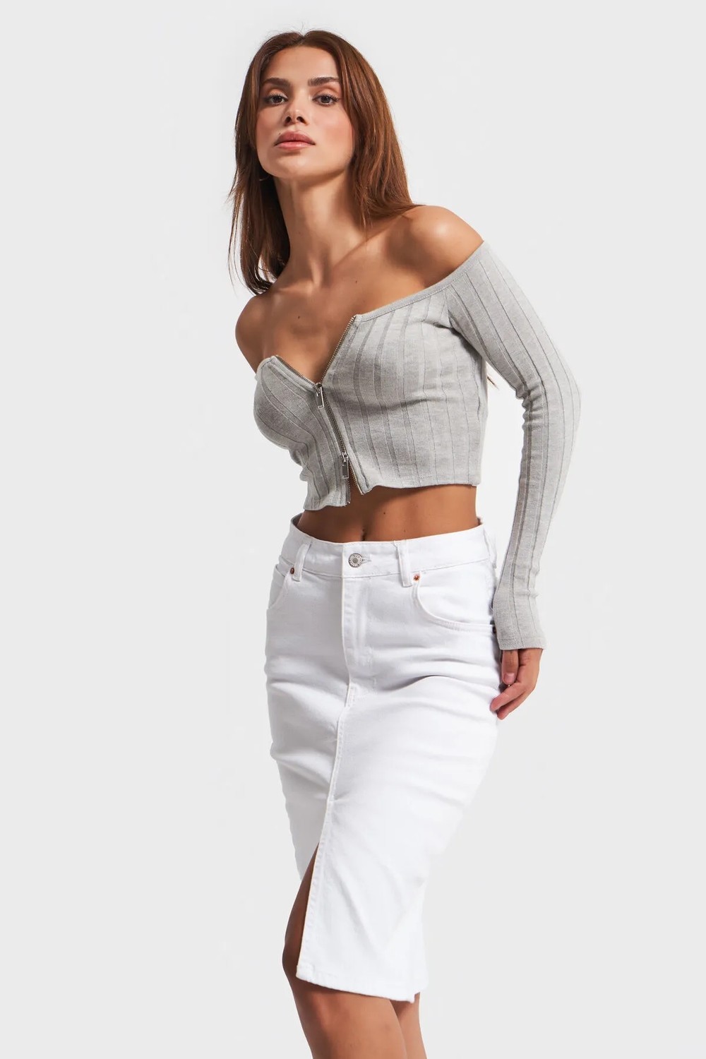 It's Basic Kadın Beyaz Renk Erica Midi Boy Yüksek Bel Yırtmaçlı Jean Etek görsel 4