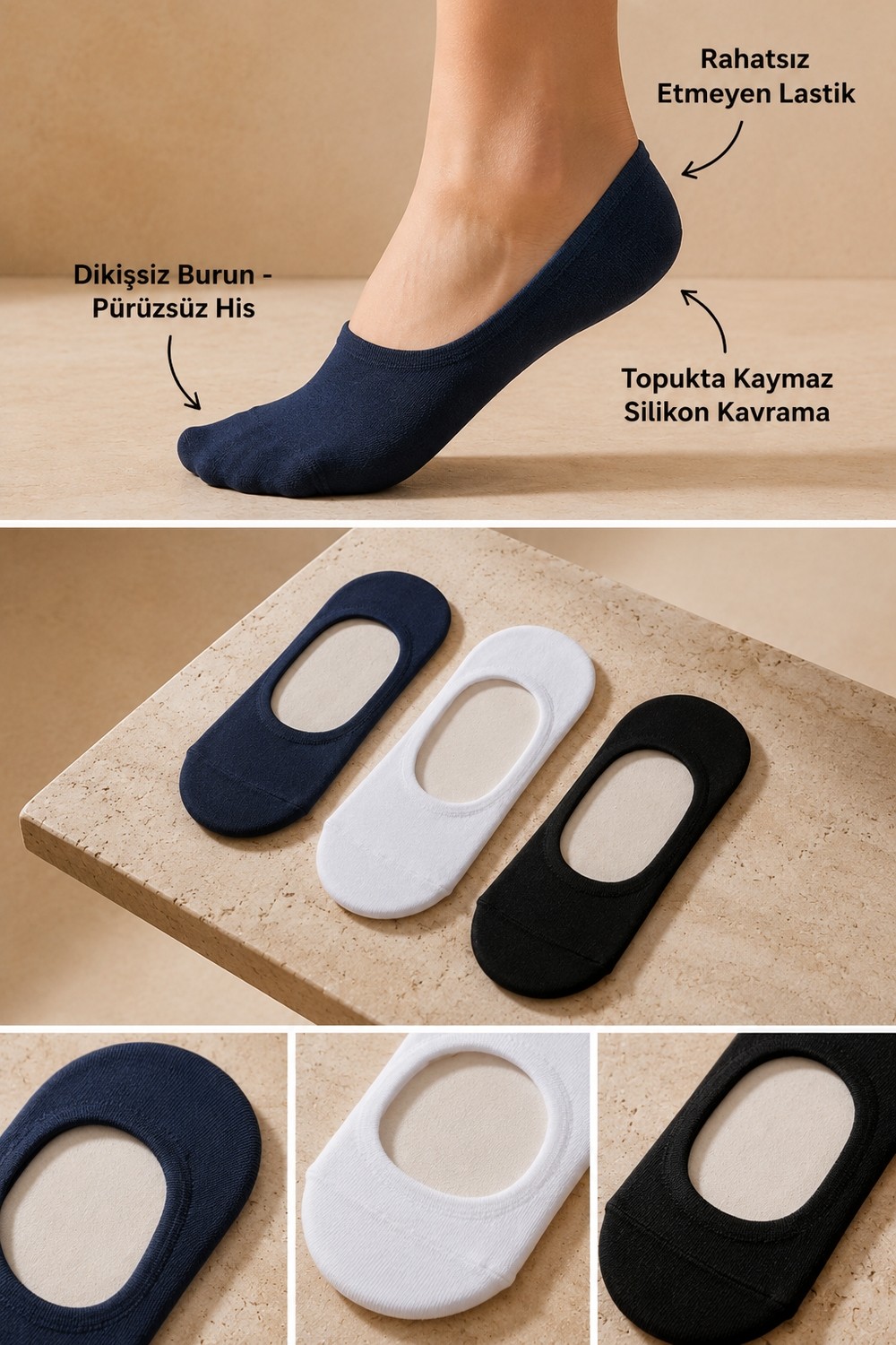 Katia & Bony Kadın 3'lü Paket Basic Görünmez Babet Çorap Siyah/Beyaz/Lacivert görsel 4