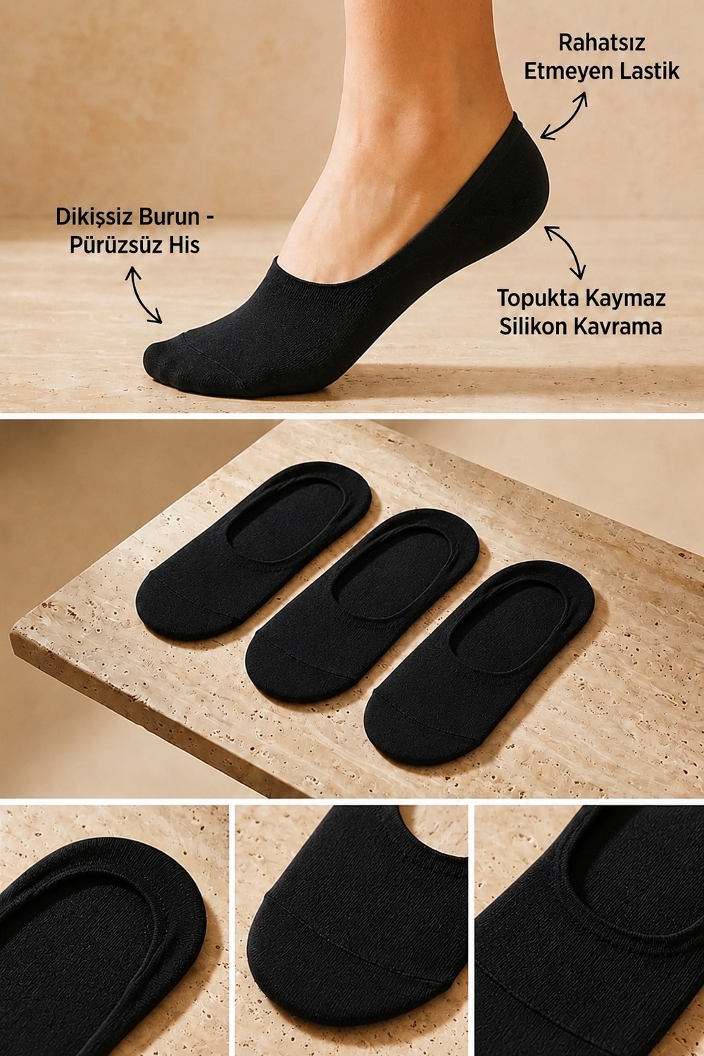 Katia & Bony Kadın 3'lü Paket Basic Görünmez Babet Çorap Siyah/Siyah/Siyah görsel 4