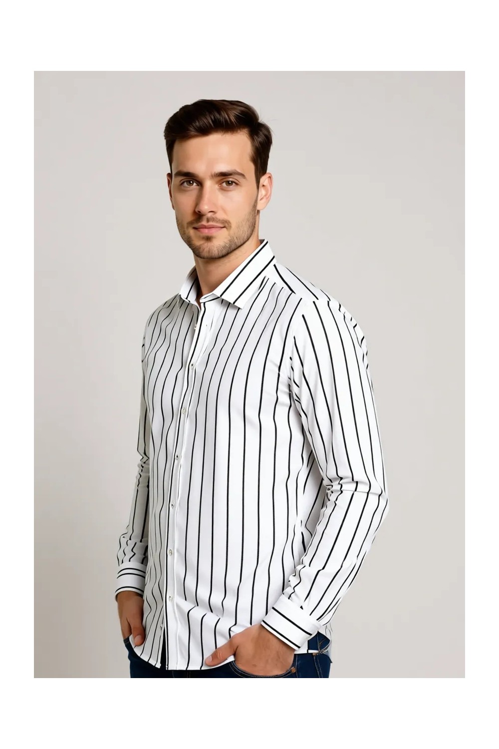 Etikmen Gri Beyaz Çizgili Slimfit Erkek Gömlek görsel 8