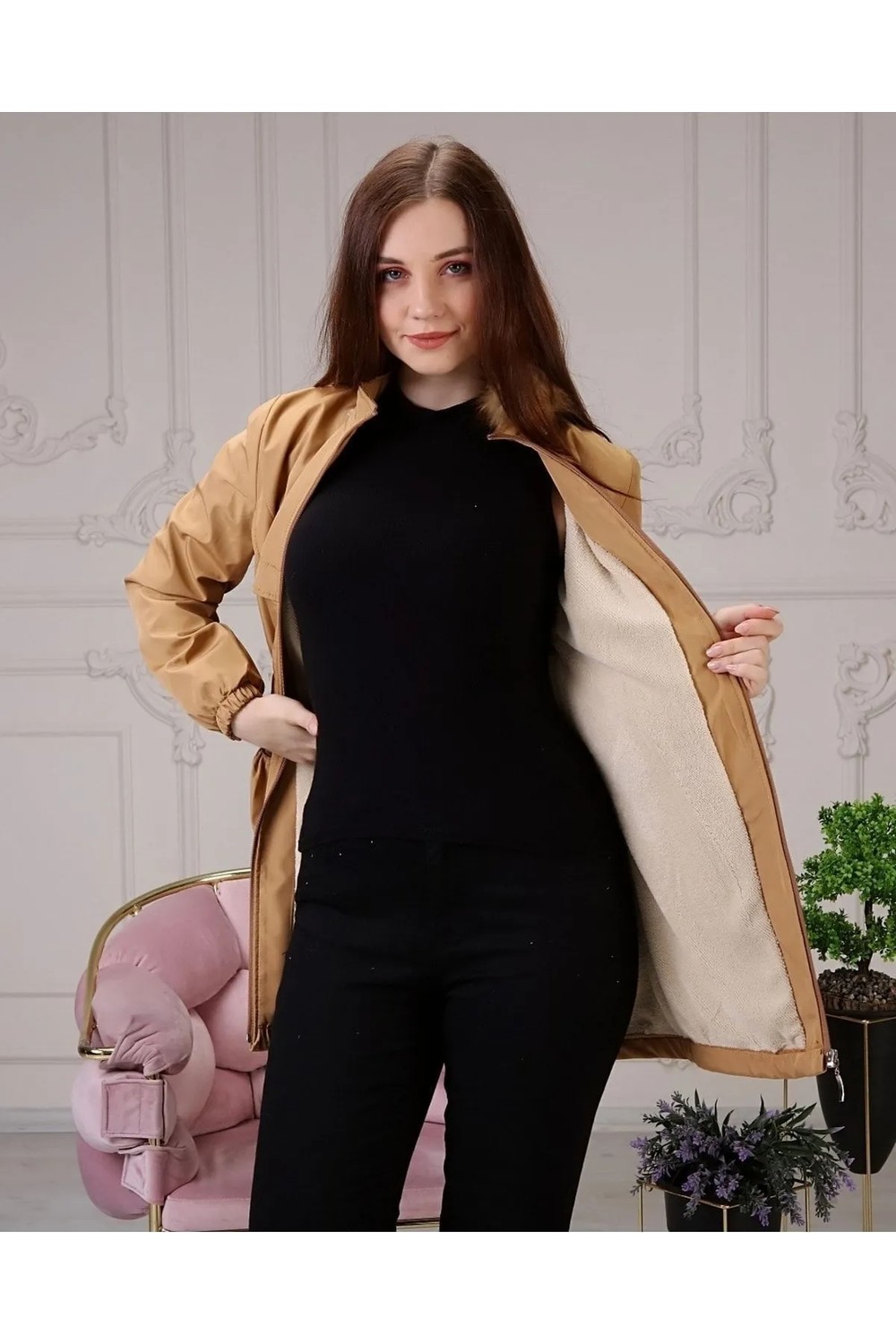 Vibeys Collection Taba Içi Kürklü ve Su Geçirmez Kadın Kışlık Mont & Kaban görsel 6
