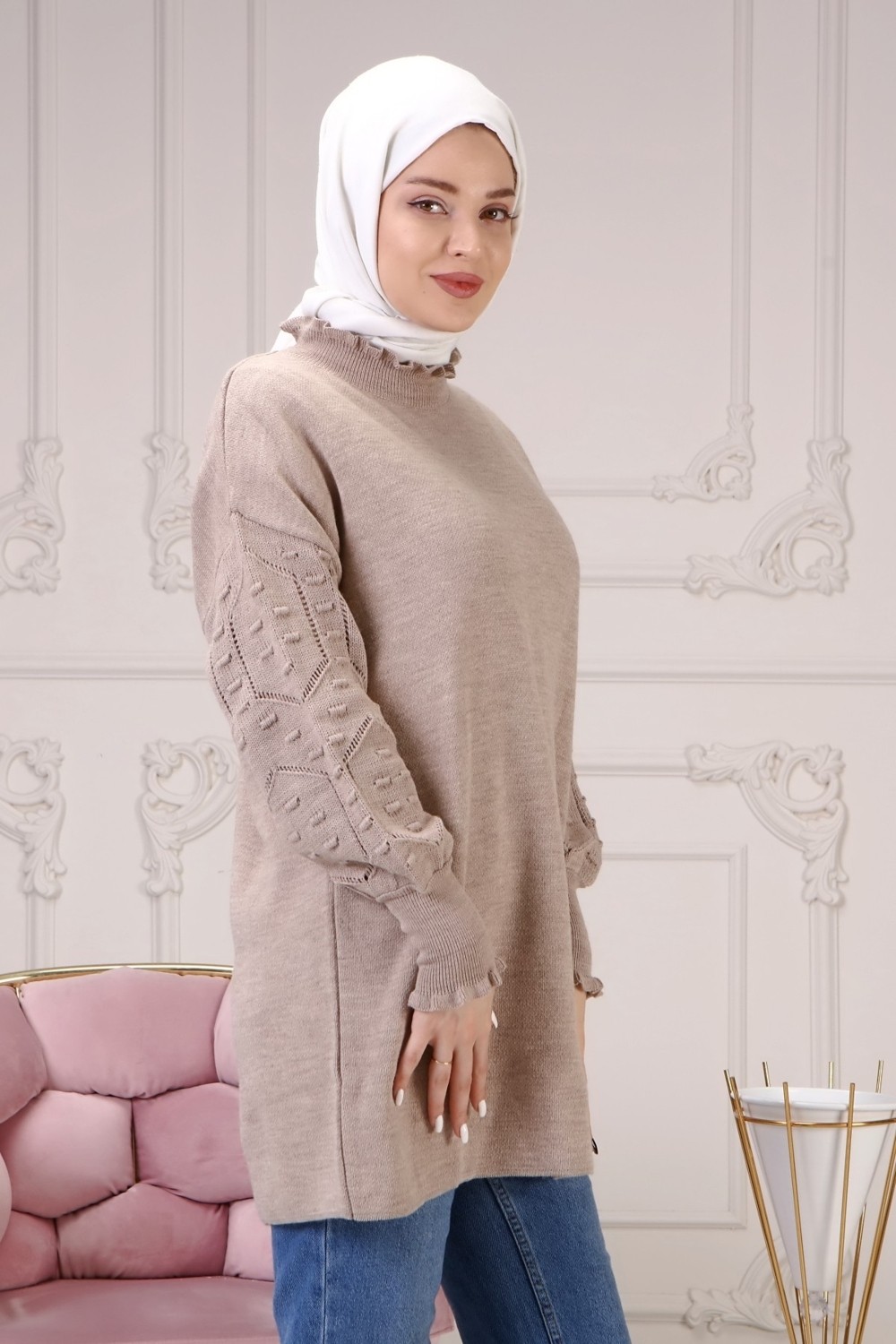 İlmek Kadın Gri Kolu Desenli Büzgülü Triko Kazak görsel 3