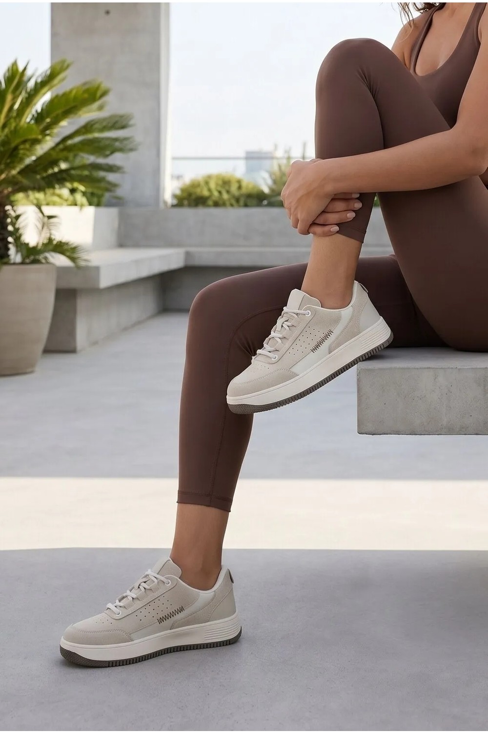 Marjin Kadın Sneaker Yüksek Taban Spor Ayakkabı Loske Ekru görsel 5