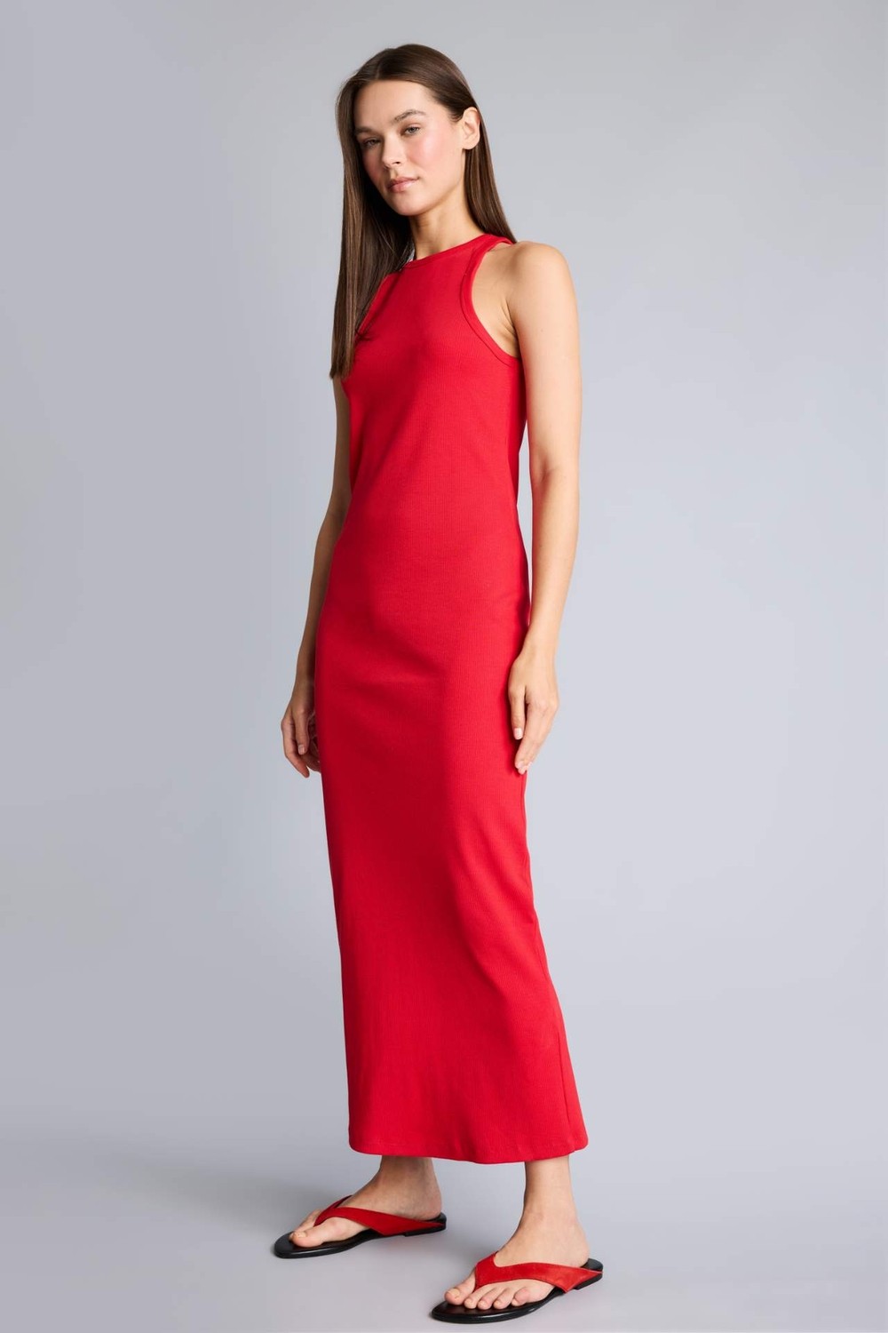 DeFacto Bodycon Vücudu Saran Halter Yaka Ribana Kolsuz Kırmızı Midi Elbise H7119AX26SM görsel 6