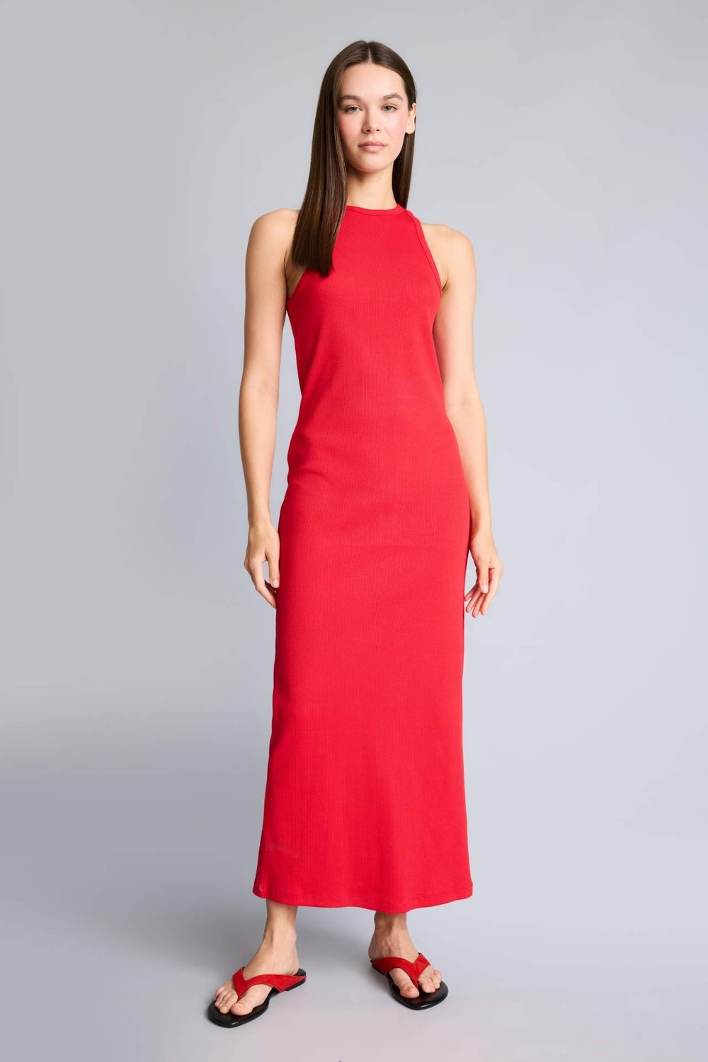 DeFacto Bodycon Vücudu Saran Halter Yaka Ribana Kolsuz Kırmızı Midi Elbise H7119AX26SM görsel 7