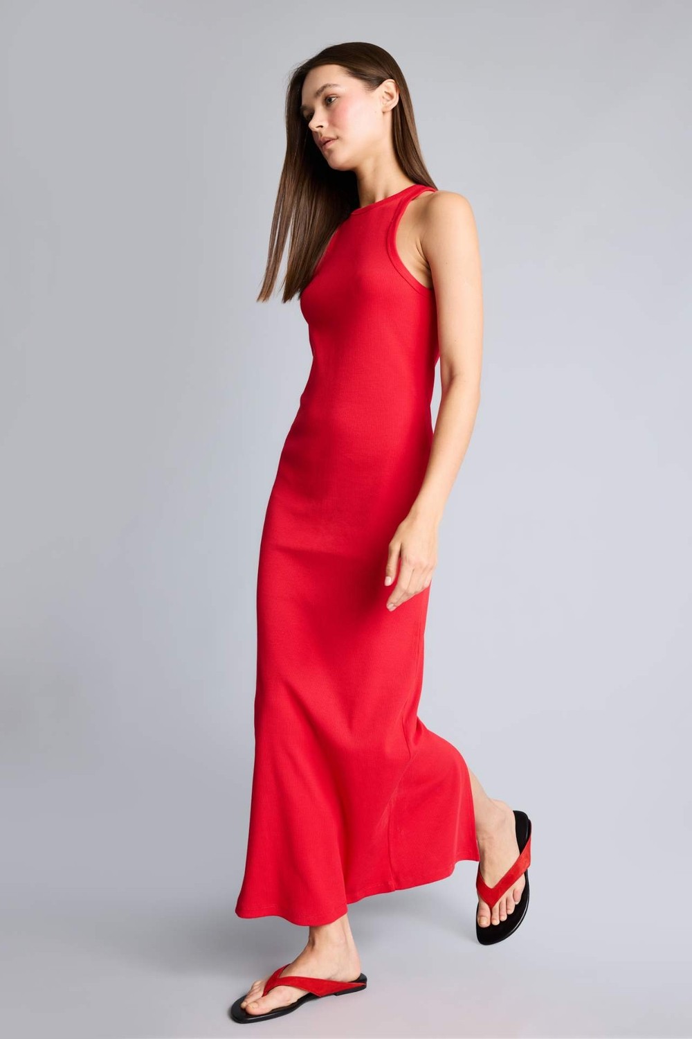 DeFacto Bodycon Vücudu Saran Halter Yaka Ribana Kolsuz Kırmızı Midi Elbise H7119AX26SM görsel 8